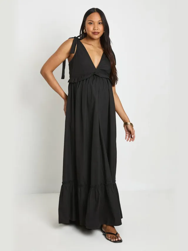 boohoo Dames Zwangerschaps Maxi Jurk Met Strikbandjes Op De Schouders Zwart