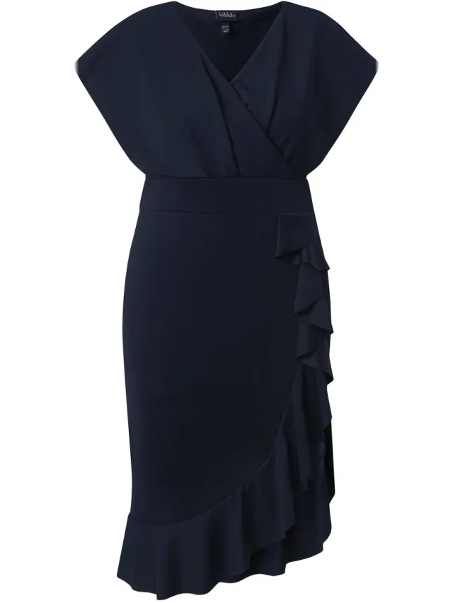 Ulla Popken Dames - Bodycon-jersey jurk volants V-hals kapmouwen - Marine