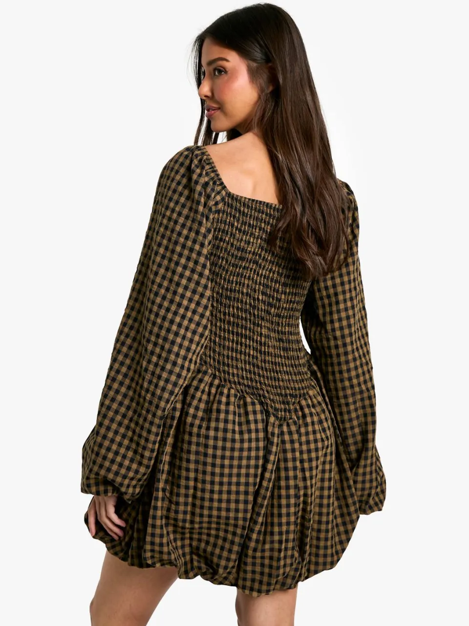 boohoo Dames Check Shirred Long Sleeve Puff Sleeve Mini Dress bruin, foto 3