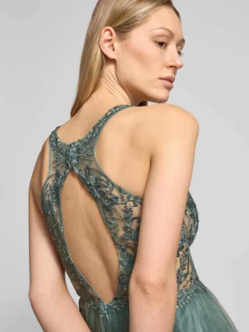Laona Avondjurk in semi-transparant design met siersteentjes oceaanblauw, foto 4