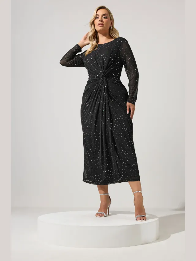 Yours London Zwarte Metallic Mesh Jurk Met Knoop Aan De Voorkant Black