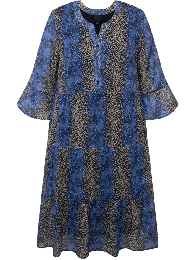 Ulla Popken Dames - Midi-jurk A-lijn tuniekhals 3/4-mouwen met volants - Marine - Maat 54+