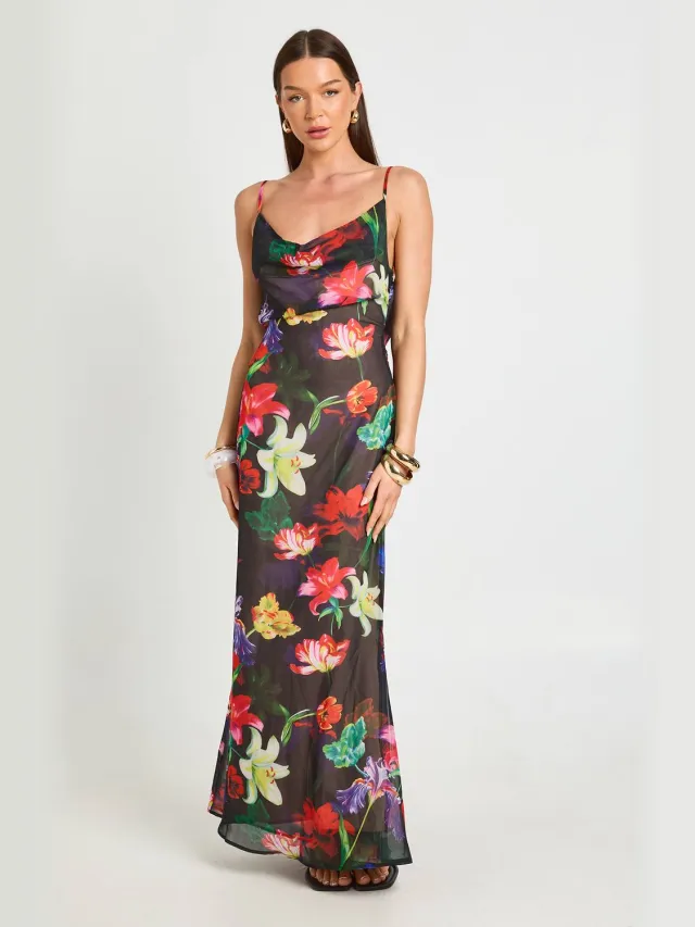boohoo Dames Lichte Bloemenjurk Met Waterhals In Maxi Slip-model Zwart
