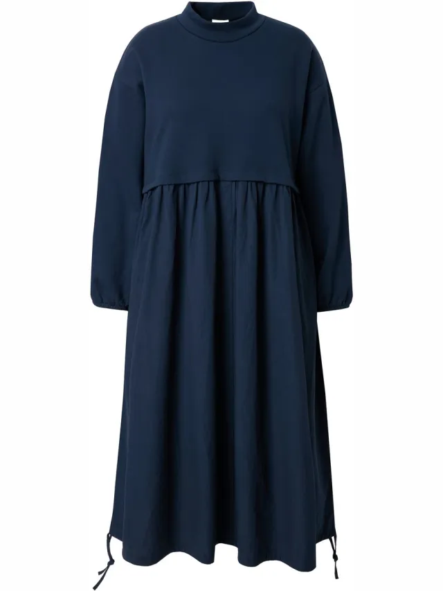 Ulla Popken Dames - Maxi-jurk A-lijn opstaande kraag lange mouwen - Marine - Maat 42+