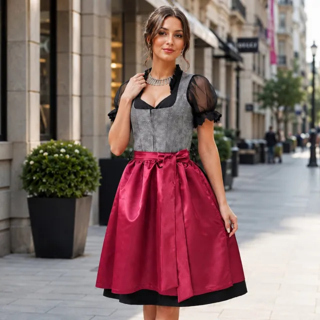 Harmony 2-delige Dirndl (jurk + schort) in Bordeaux met zwarte strepen Grijs, Bordeaux met zwarte strepen