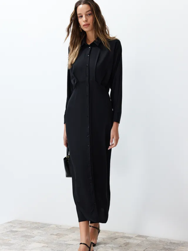 Trendyol Modest Dames Zwart Effen Maxi Lang Casual Blousejurk Modest Jurken