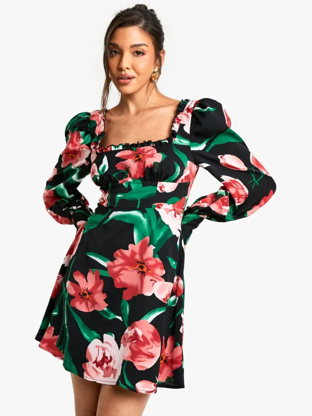 boohoo Dames Bloemige Corset Melkmeisje Mini Jurk Zwart