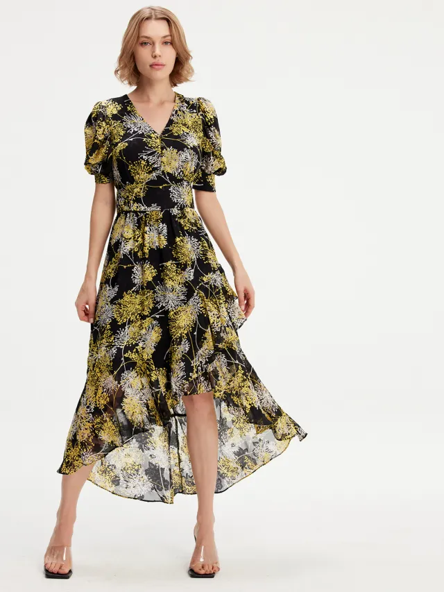 Smart & Joy Lineaire bloemafdruk Gemeende zoomjurk Zwart