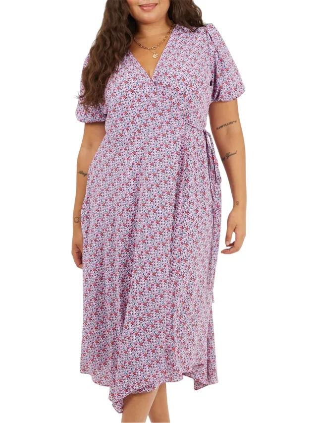 Brave Soul Damesjurk met bloemenprint, V-hals, afgeronde pasvorm en korte mouwen, in wikkelstijl (Roze)