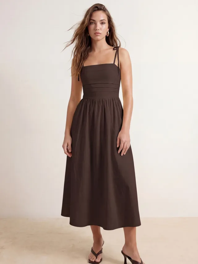 Trendyol TRENDYOLMİLLA Dames Bruin Effen Midi Mouwloos Skater Jurken