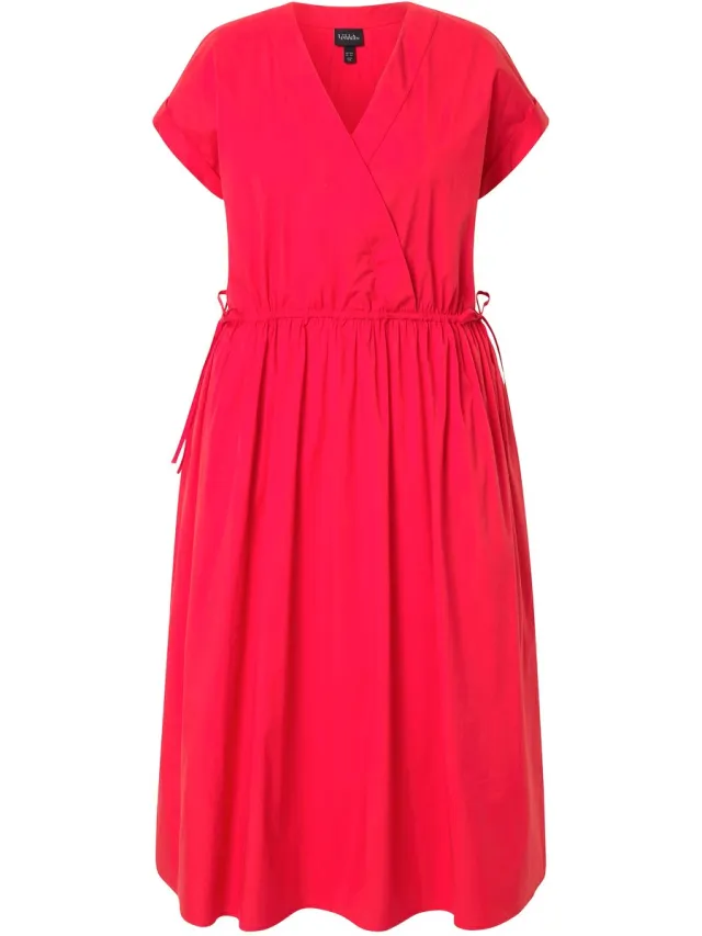 Ulla Popken Dames - Maxi-jurk popeline V-hals halve mouwen zakken - Lychee - Maat 62+