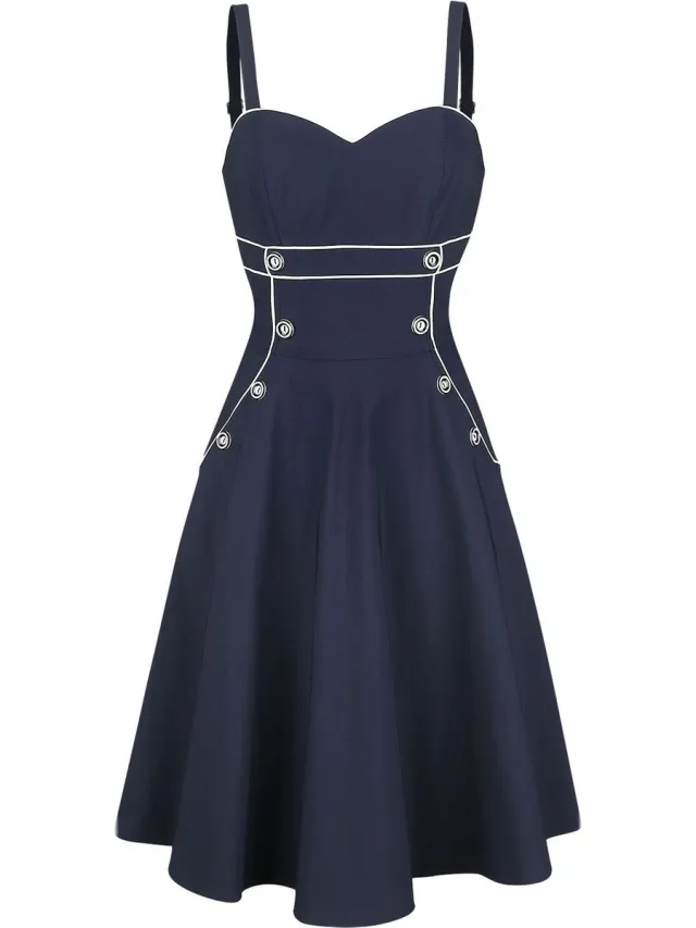 Voodoo Vixen Claudia Nautical Flared Dames Midi-jurk - marineblauw