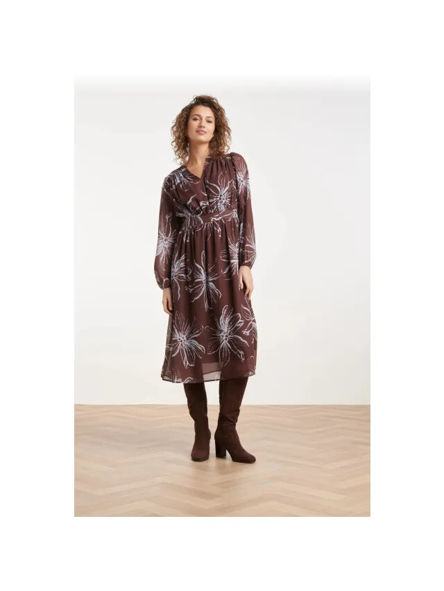 Smashed Lemon Midi jurk met grote bloemenprint in bruin en licht blauw Veelkleurig