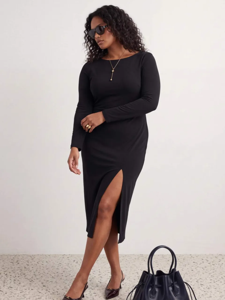 Trendyol Curve Dames Zwart Effen Midi Lang Bodycon Grote maten Jurk