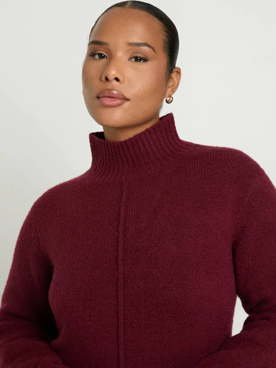 boohoo Dames Plus Hoogsluitende Gebreide Mini-trui Jurk Met Naaddetail bordeaux rood, foto 3