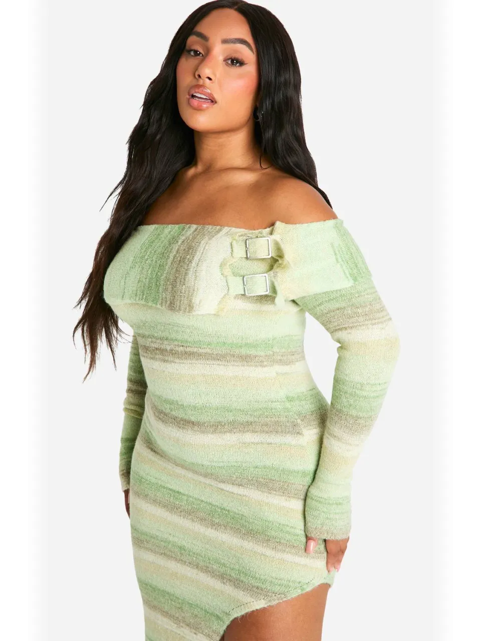 boohoo Dames Plus Bardot Buckle gebreide jurk groente, foto 3
