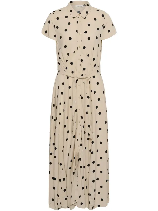 SOAKED IN LUXURY Damesjurk Soaked in Luxury Arjana Maxi oatmeal with black dots