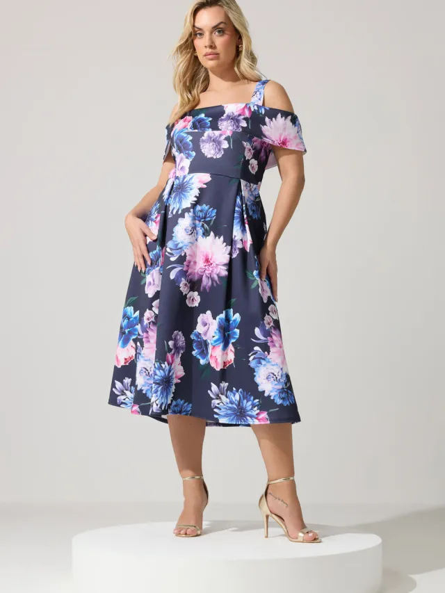 Yours London Marineblauwe Skaterjurk Met Bloemenprint En Blote Schouders Blue