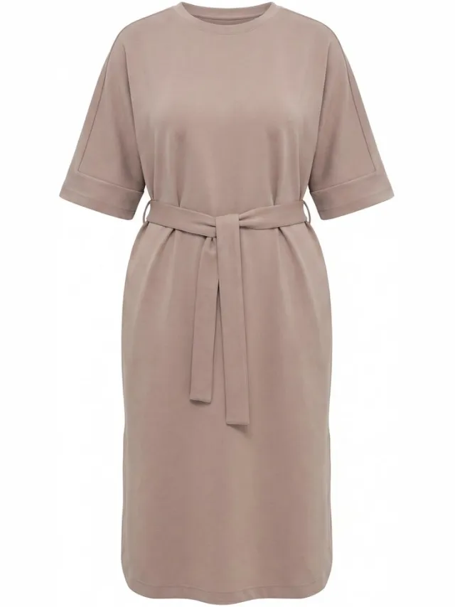 Ulla Popken Dames - Midi-jurk oversized ronde hals korte mouwen zakken - Bleekbruin - Maat 58+