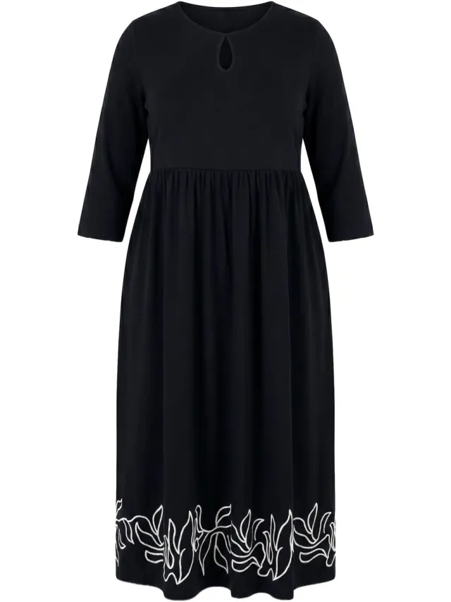 Ulla Popken Dames - Maxi-jurk A-lijn ronde hals 3/4 mouwen zakken - Zwart - Maat 54+
