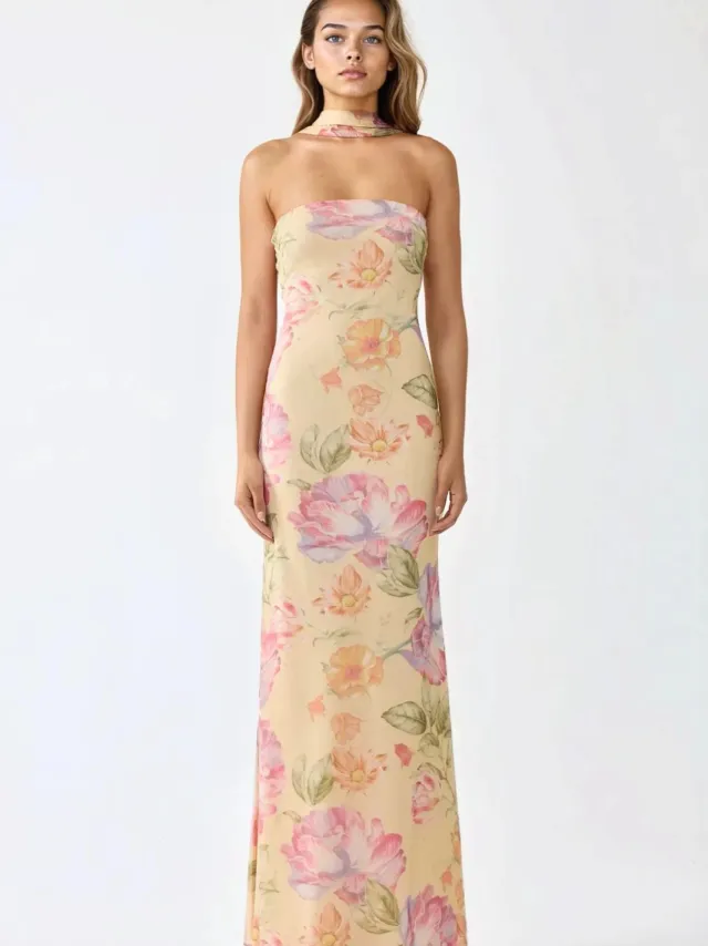 Hiccup Strapless Bloemen Bodycon Maxi Jurk Veelkleurig