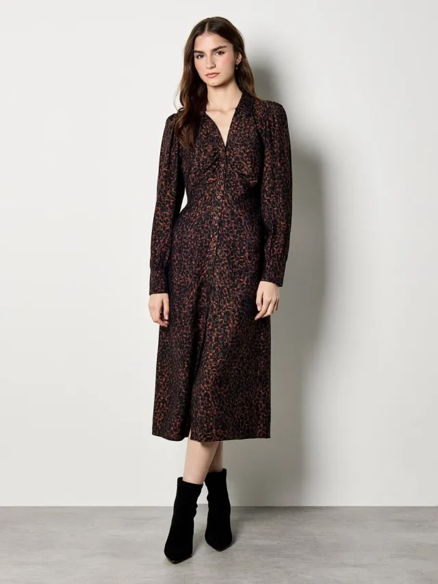 Apricot Midi-jurk van gerimpeld shirt met dierenprint Bruin