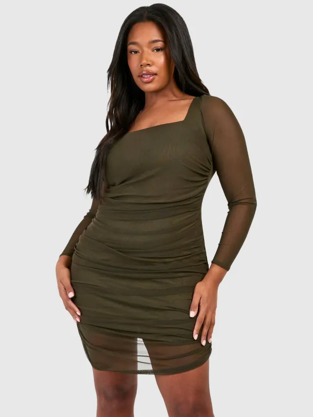 boohoo Dames Plus Mesh Bodycon Jurk Kaki