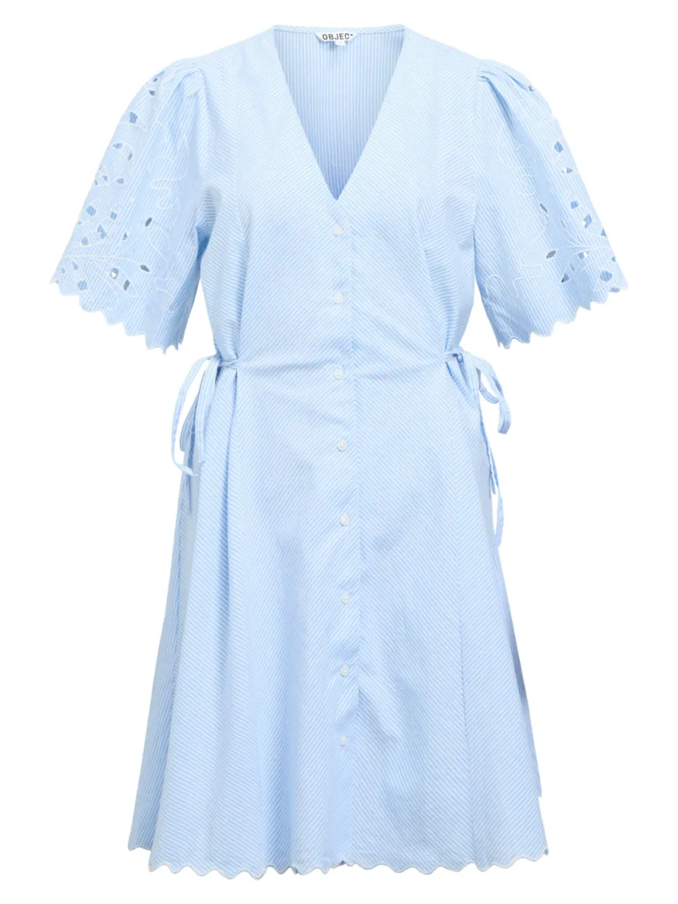Object korte gestreepte broderie blousejurk - lichtblauw, foto 2