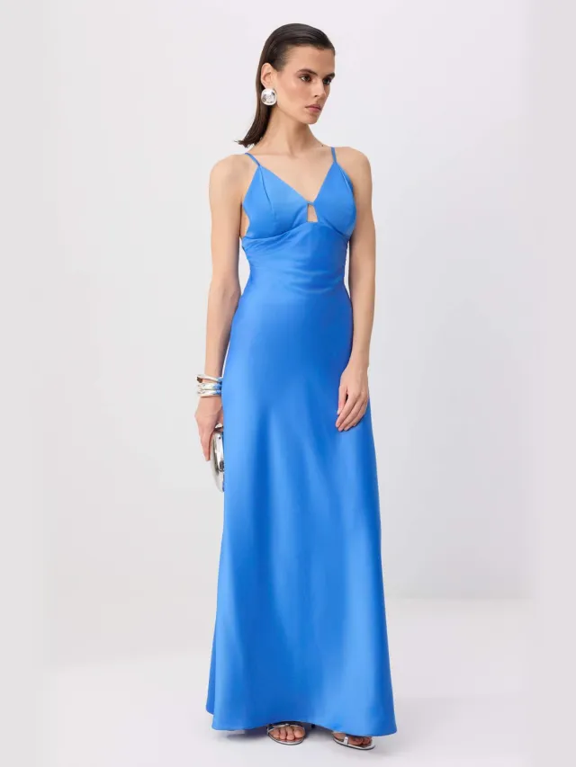 Trendyol TRENDYOLMİLLA Dames Blauw Effen Maxi Mouwloos Slip Avond & Gala Jurk