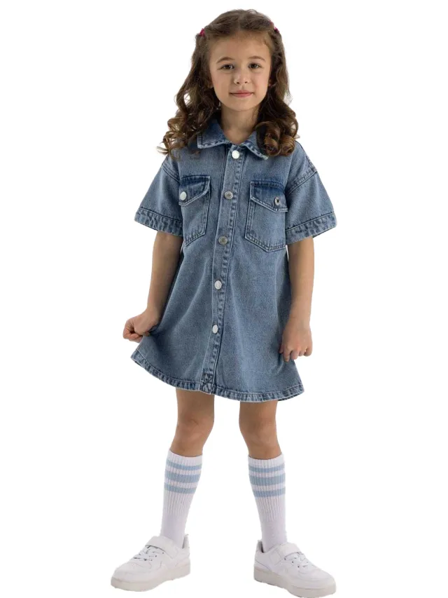 Minoti Denim jurk met korte mouwen voor meisjes (Blauw)