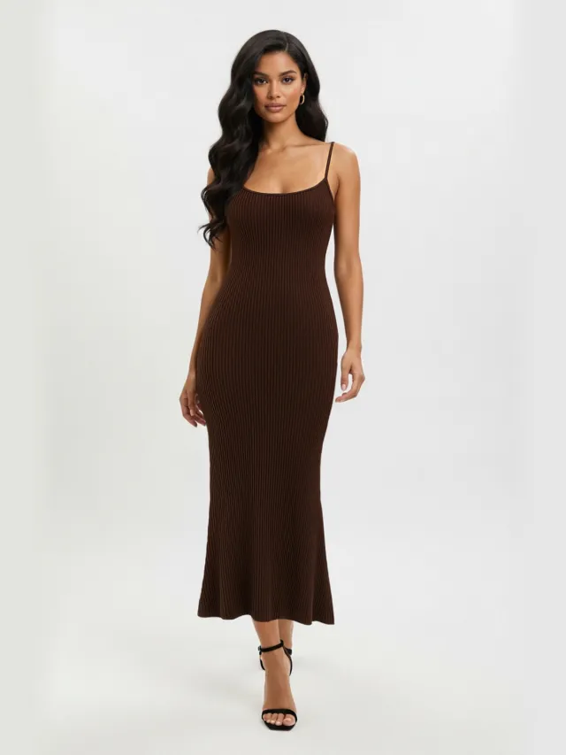 Trendyol TRENDYOLMİLLA Dames Bruin Effen Maxi Mouwloos Casual Bodycon Jurken