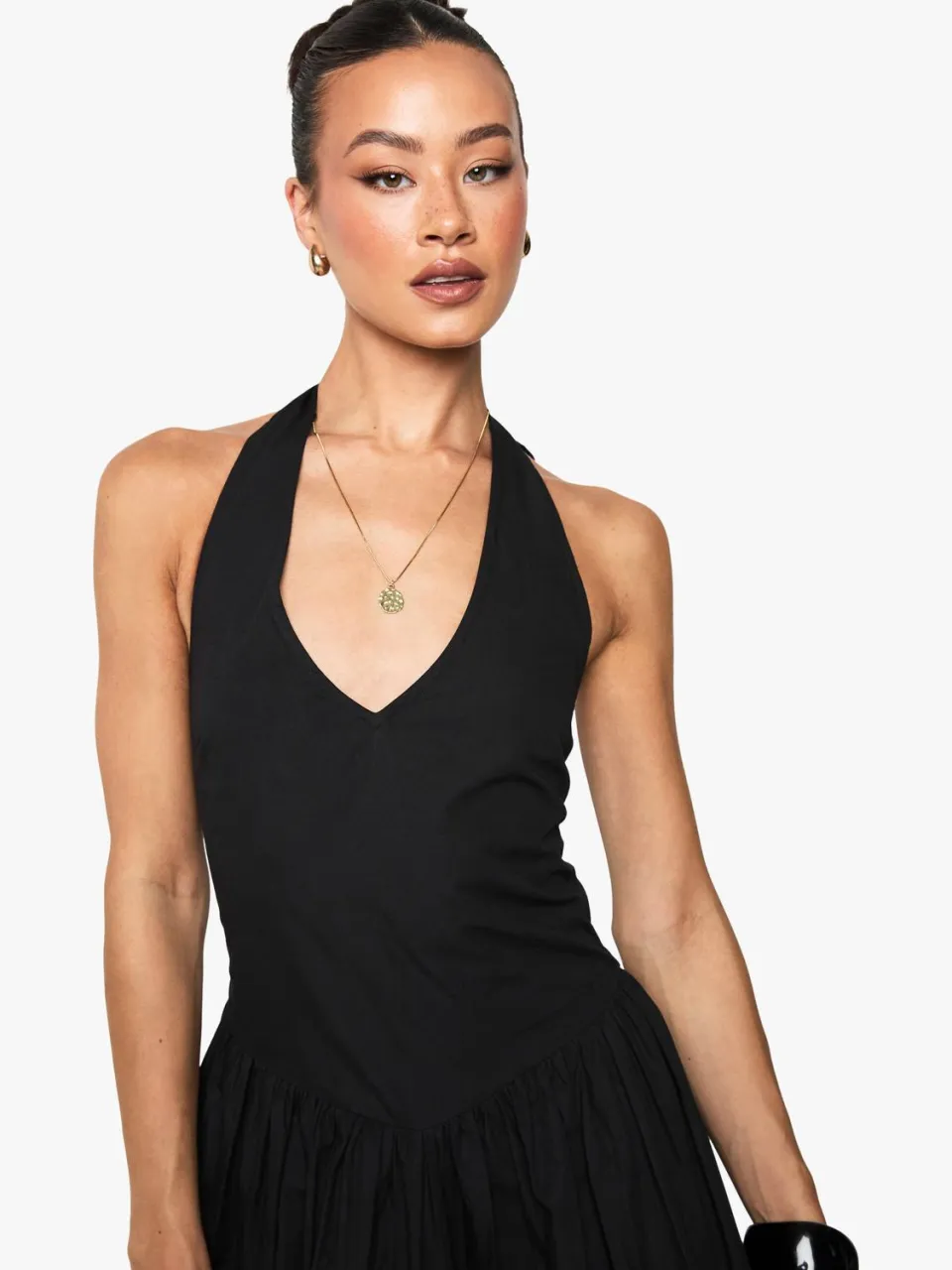 boohoo Dames Hoge katoenen popeline halterneck midilange jurk zwart, foto 2