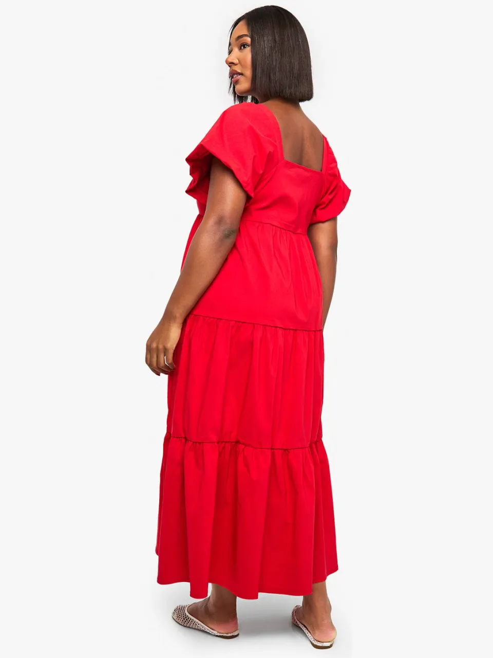 boohoo Dames Plus gelaagde puffmouwen midaxi smock jurk rood, foto 2