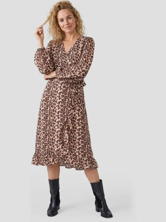Anytime crinkle midi overslagjurk met panterprint Bruin/beige/zwart
