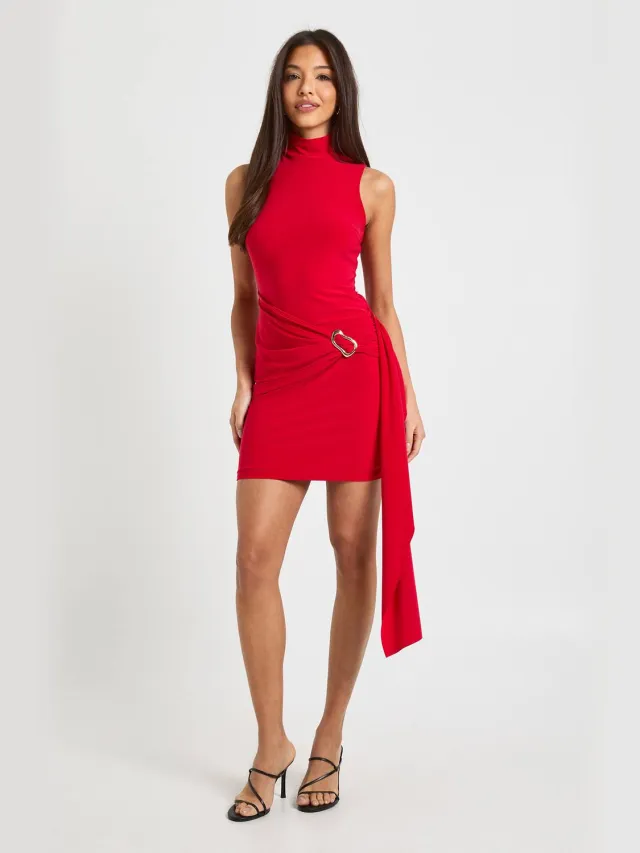 boohoo Dames Hoge Hals Trim Taille Detail Mini Jurk Rood