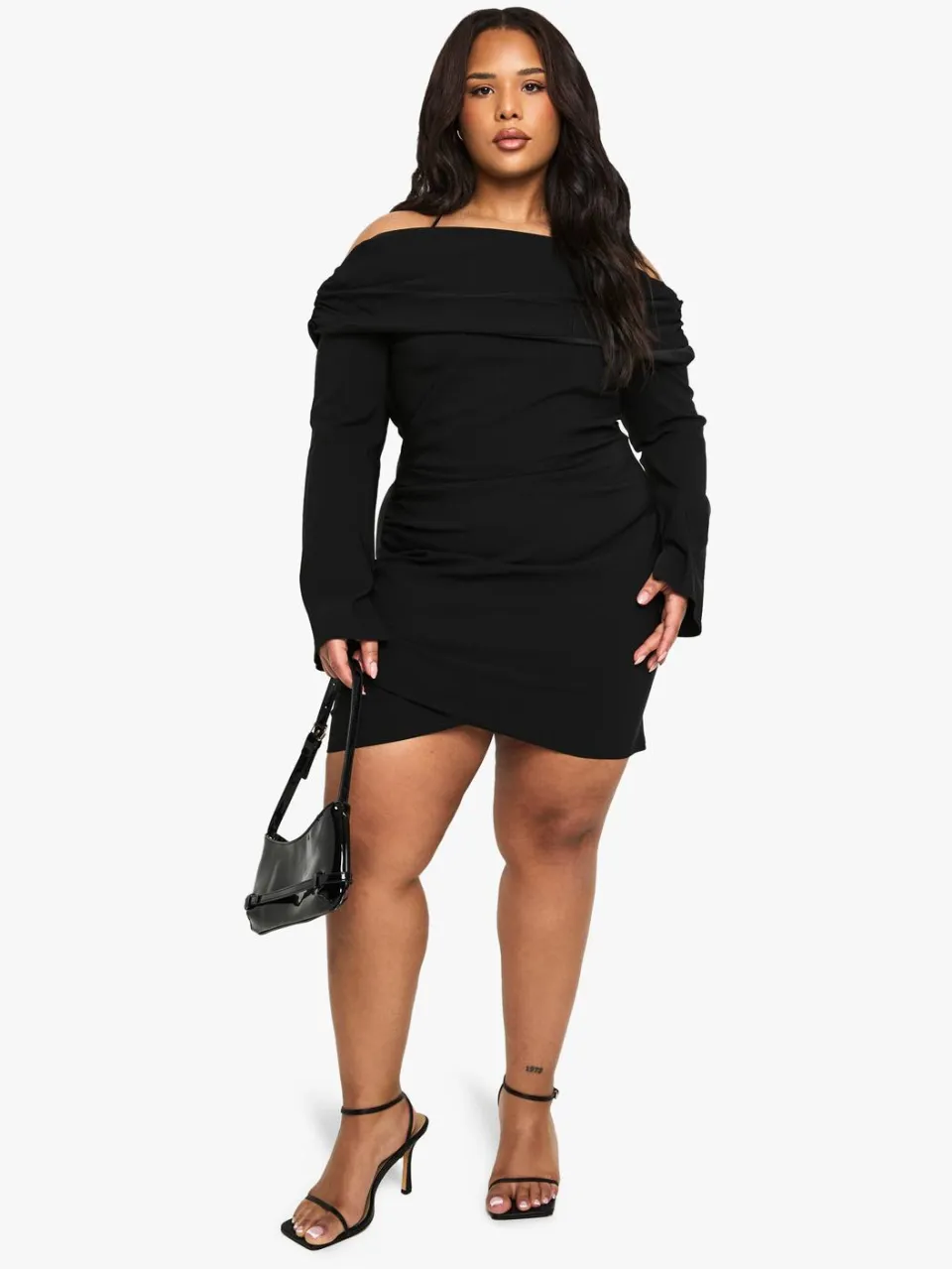 boohoo Dames PLUS BENGALINE LANGMOUWIGE BARDOT MINijURK Zwart