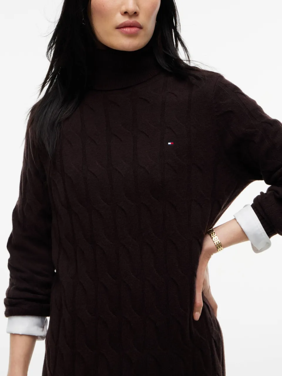Tommy Hilfiger wollen gebreide midi jurk met kabels - donkerbruin, foto 3