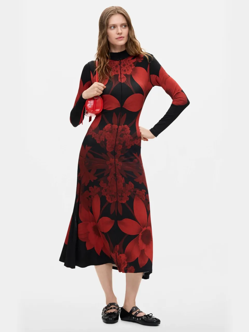 Desigual gebloemde midi jurk - rood/zwart