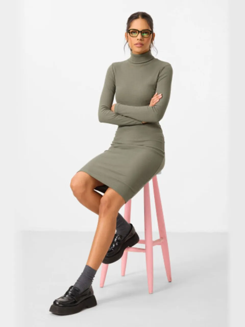 Tommy Life Geribbelde Col Midi-jurk Groen