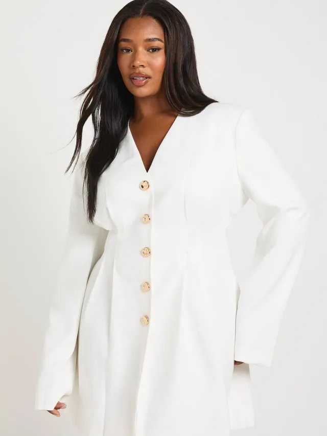 boohoo Dames Plus Mouwloze Kraagloze Getailleerde Mini-jurk Met Lange Mouwen Wit
