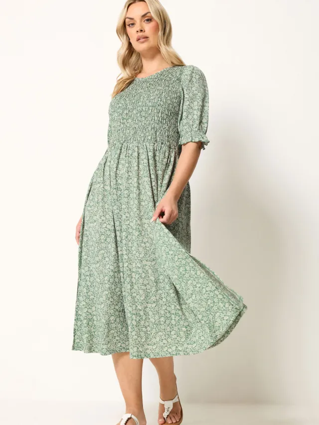 Yours Saliegroene Jurk Met Gesmokt Detail En Fijne Bloemenprint-64 Green