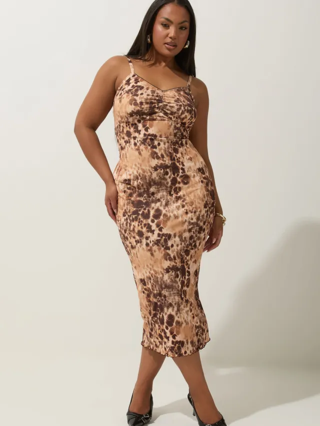 Limited Collection Midi Jurk Met Luipaardprint En Geschulpte Zoom In Bruin Brown