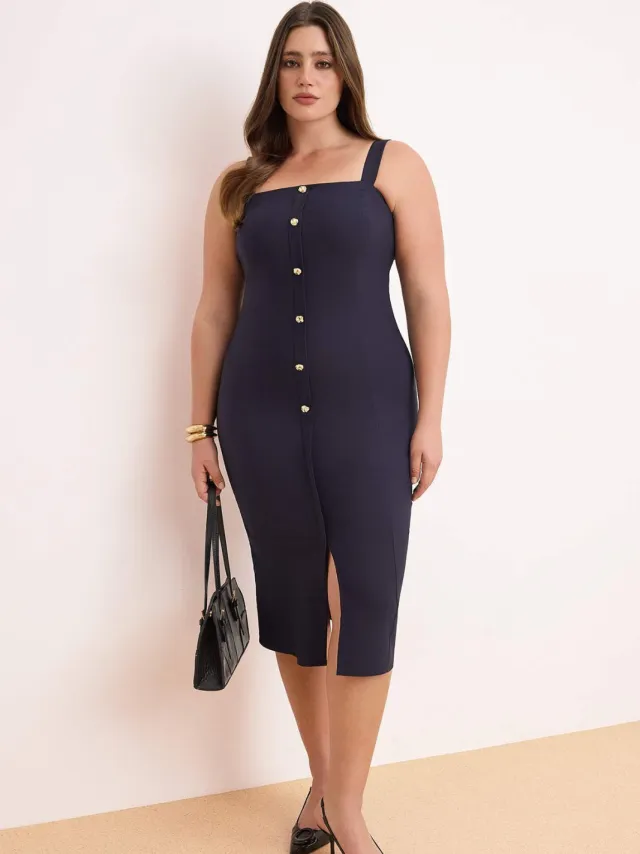 Trendyol Curve Dames Donkerblauw Effen Midi Mouwloos Casual Bodycon Grote maten Jurk marineblauw/blauw, foto 2