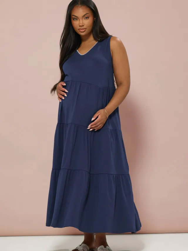 Bump It Up Maternity Lange Gelaagde Jurk Met Stiksels In Donkerblauw Blue