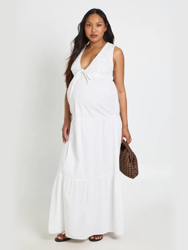 boohoo Dames Zwangerschaps Maxi-jurk Met Kanten Detail En Gelaagde Rok Wit