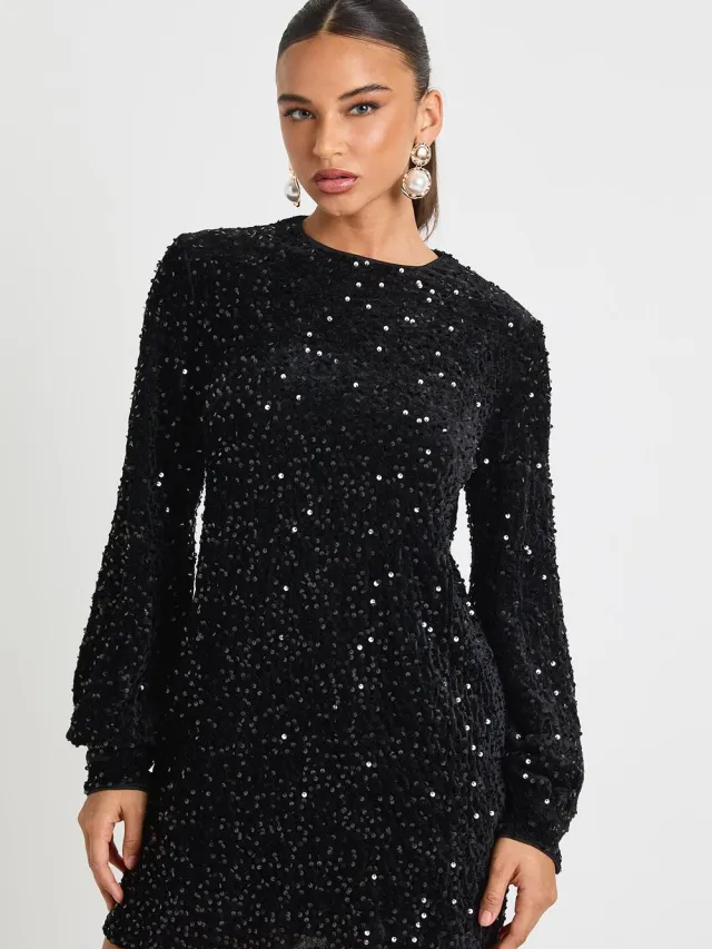 boohoo Dames Pailletten Blousonmouw Shift Feestjurk zwart, foto 3