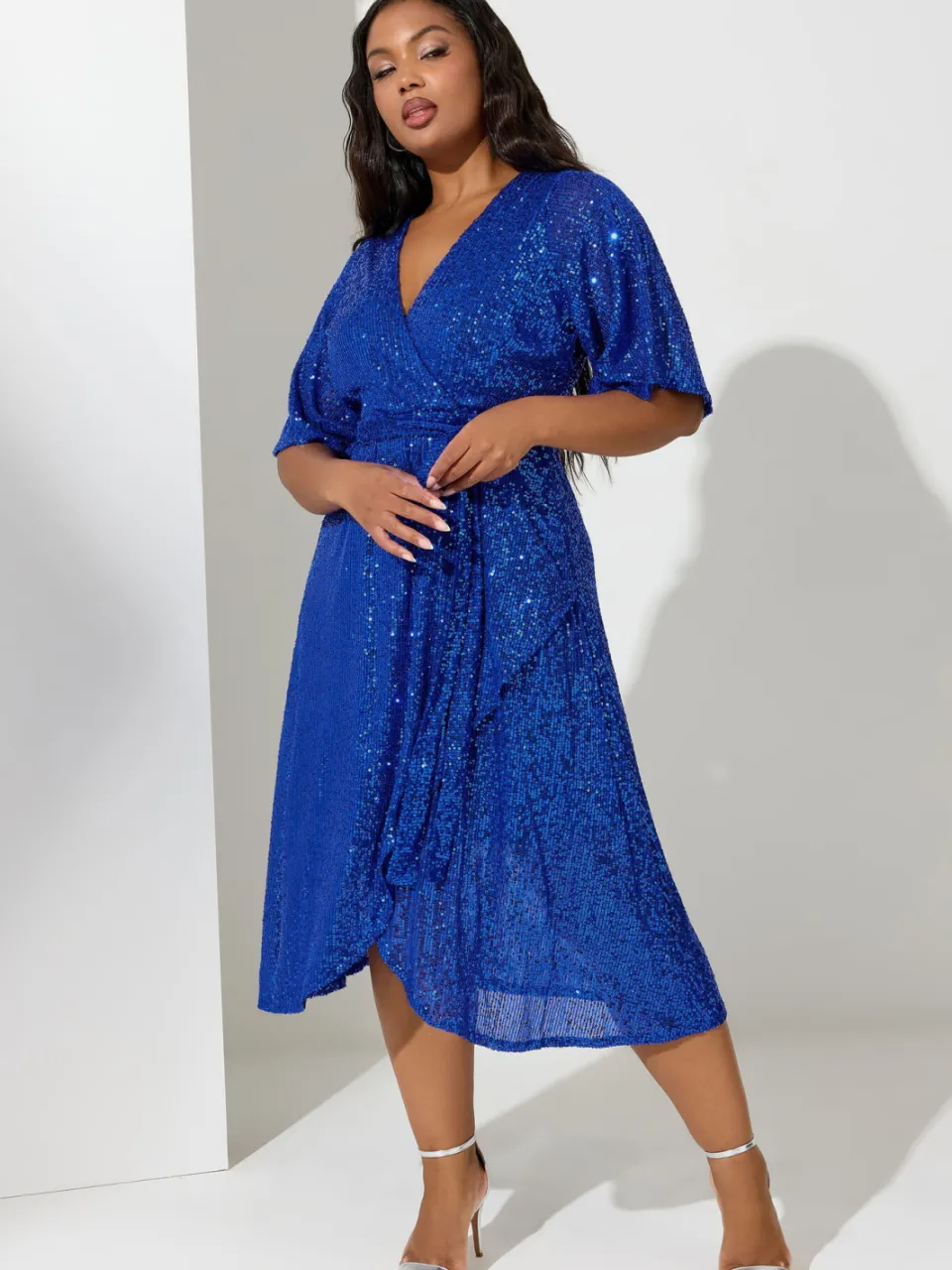 Yours London Wikkeljurk Met Allover Pailletten En Vhals In Blauw, foto 2