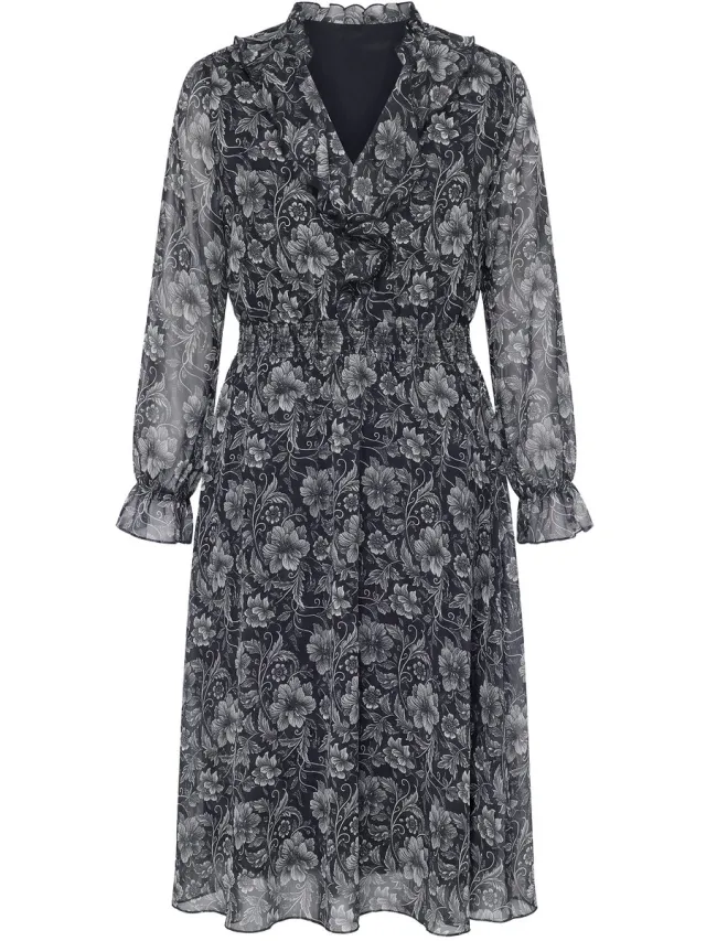 Studio Untold Dames - Midi-jurk A-lijn chiffon bloemenprint volants - Zwart - Maat 42+