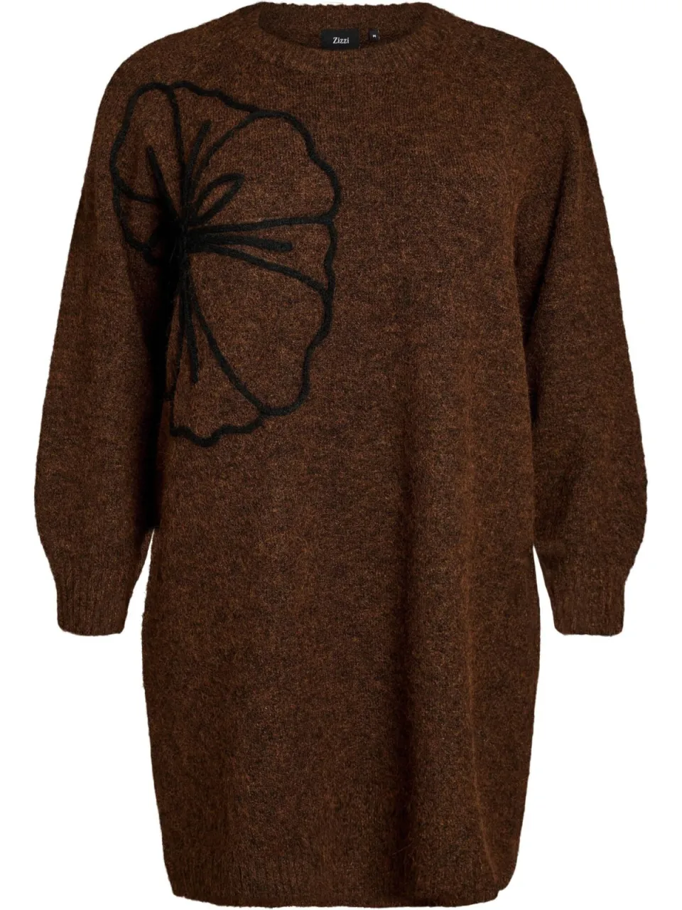 Zizzi Plus Size gebreide midi jurk met borduursels en wol - donkerbruin, foto 3