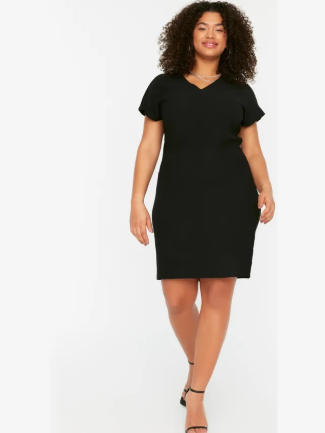 Trendyol Curve Dames Zwart Effen Kort / Mini Kort Stijlvol/Avond Recht Grote maten Jurk